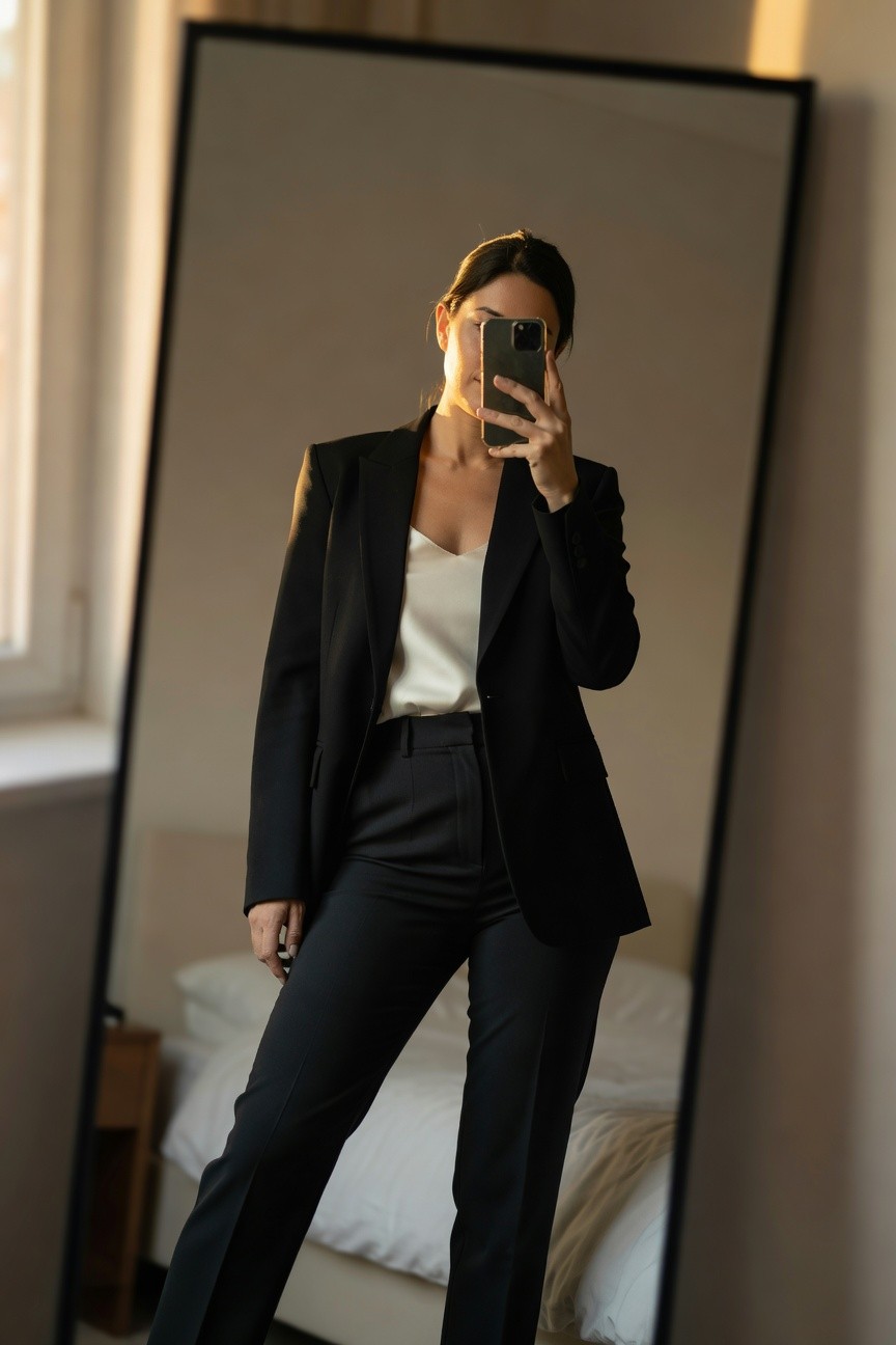 Black Pantsuit With White Camisole Layering
