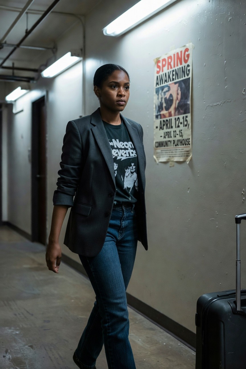 Woman in a dark gray blazer over a black graphic t-shirt and blue jeans walking in a hallway.