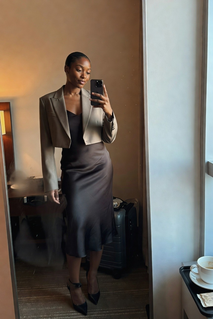 Cropped Blazer Over Slip Midi Dress