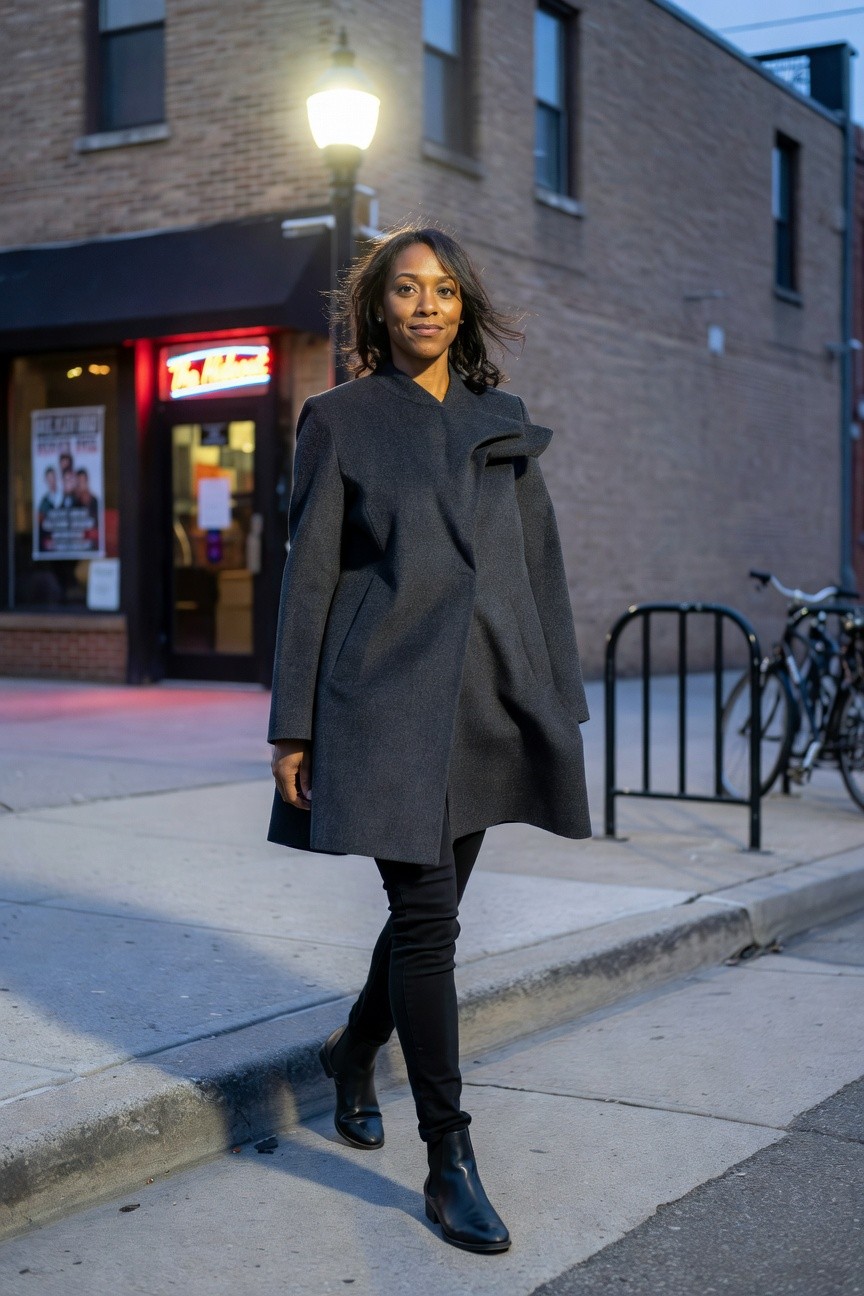 Gray Coat Over Slim Black Pants