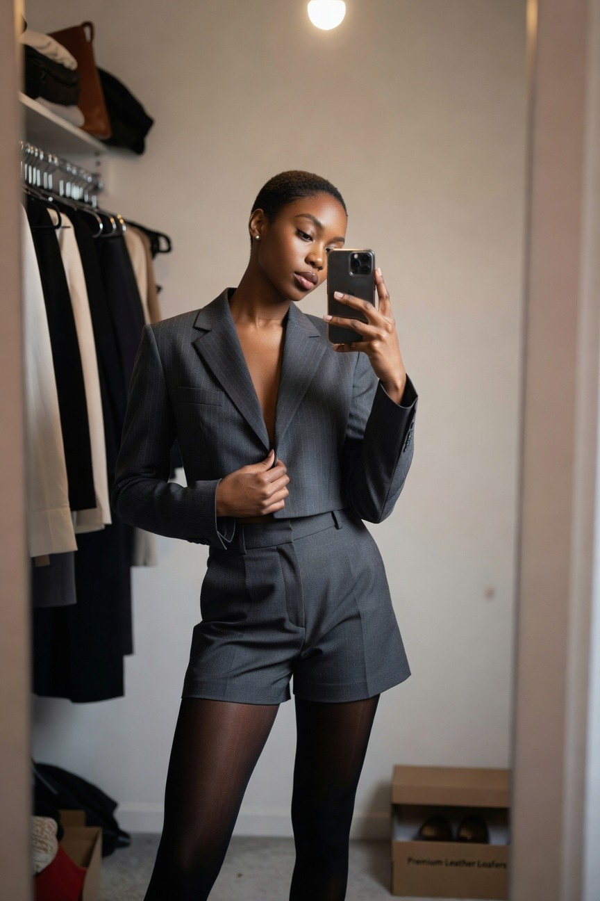 Woman in gray pinstripe cropped blazer and matching high waisted shorts with sheer black tights posing for a mirror selfie