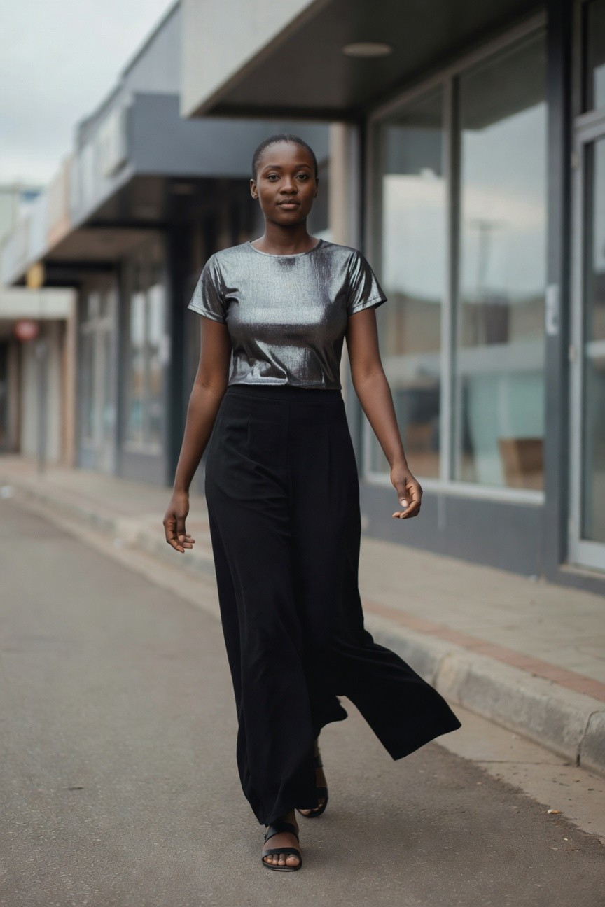 A Black woman wearing a short sleeve metallic silver top tucked into high waisted black wide leg trousers and black open toe sandals while walking on a city sidewalk.