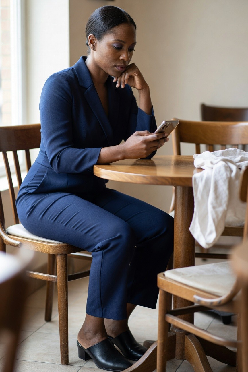 Navy Pantsuit And Black Mules