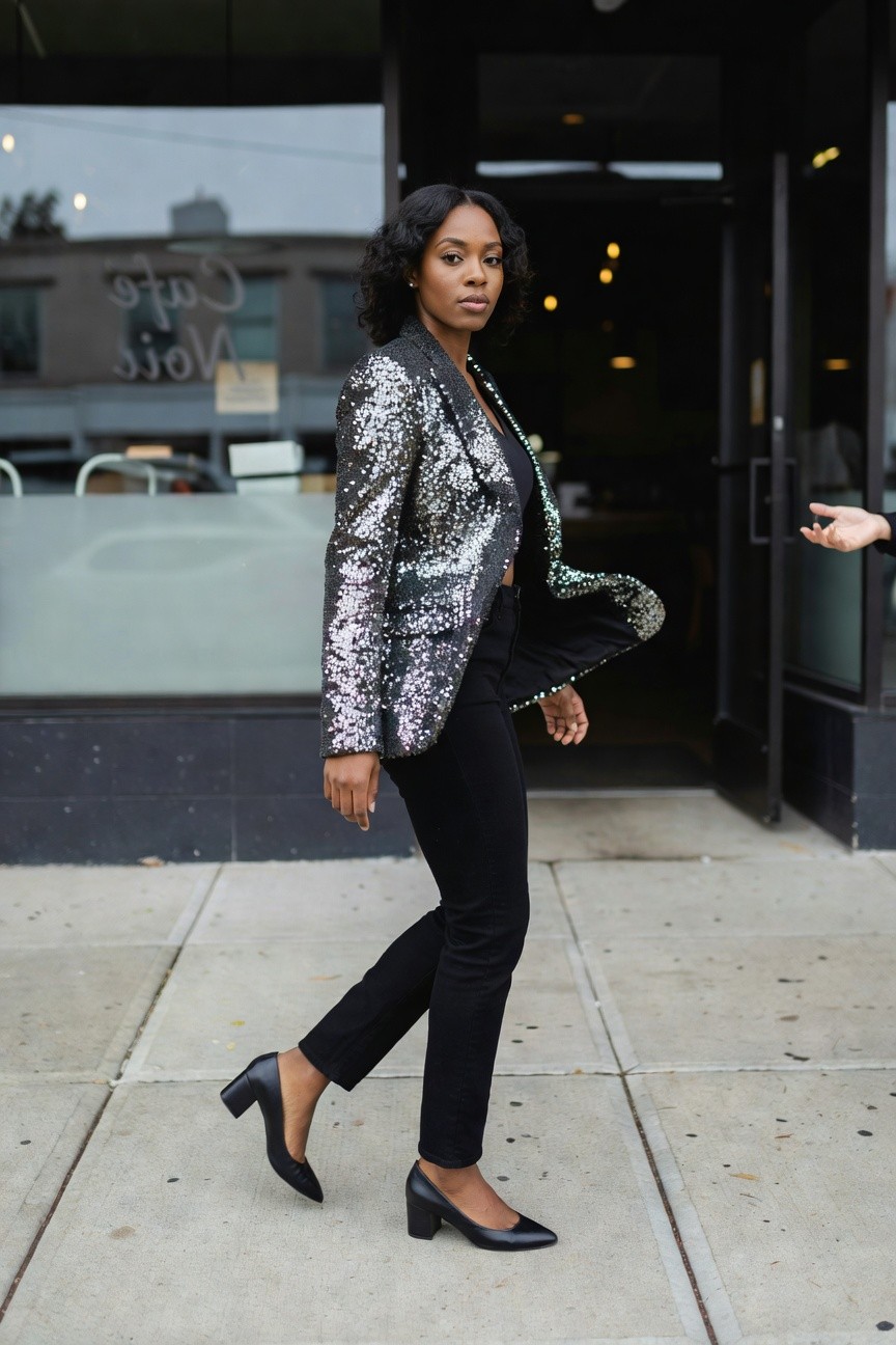 Woman in a black and silver sequin blazer worn open over a black top and slim black pants with black block heel shoes standing on a city sidewalk.