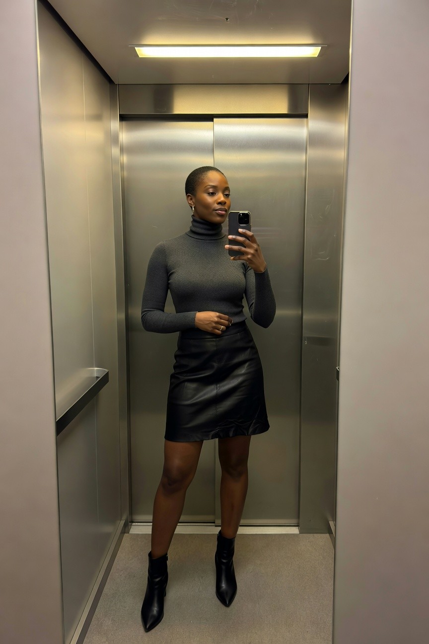 Woman wearing a fitted gray ribbed turtleneck sweater tucked into a black leather mini skirt with black pointed ankle boots, standing in an elevator while holding a phone for a mirror selfie.