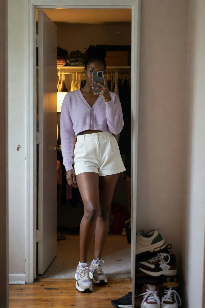 Cropped Purple Cardigan And White Shorts