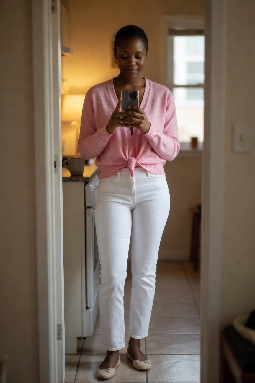 Pink Cardigan And White Jeans