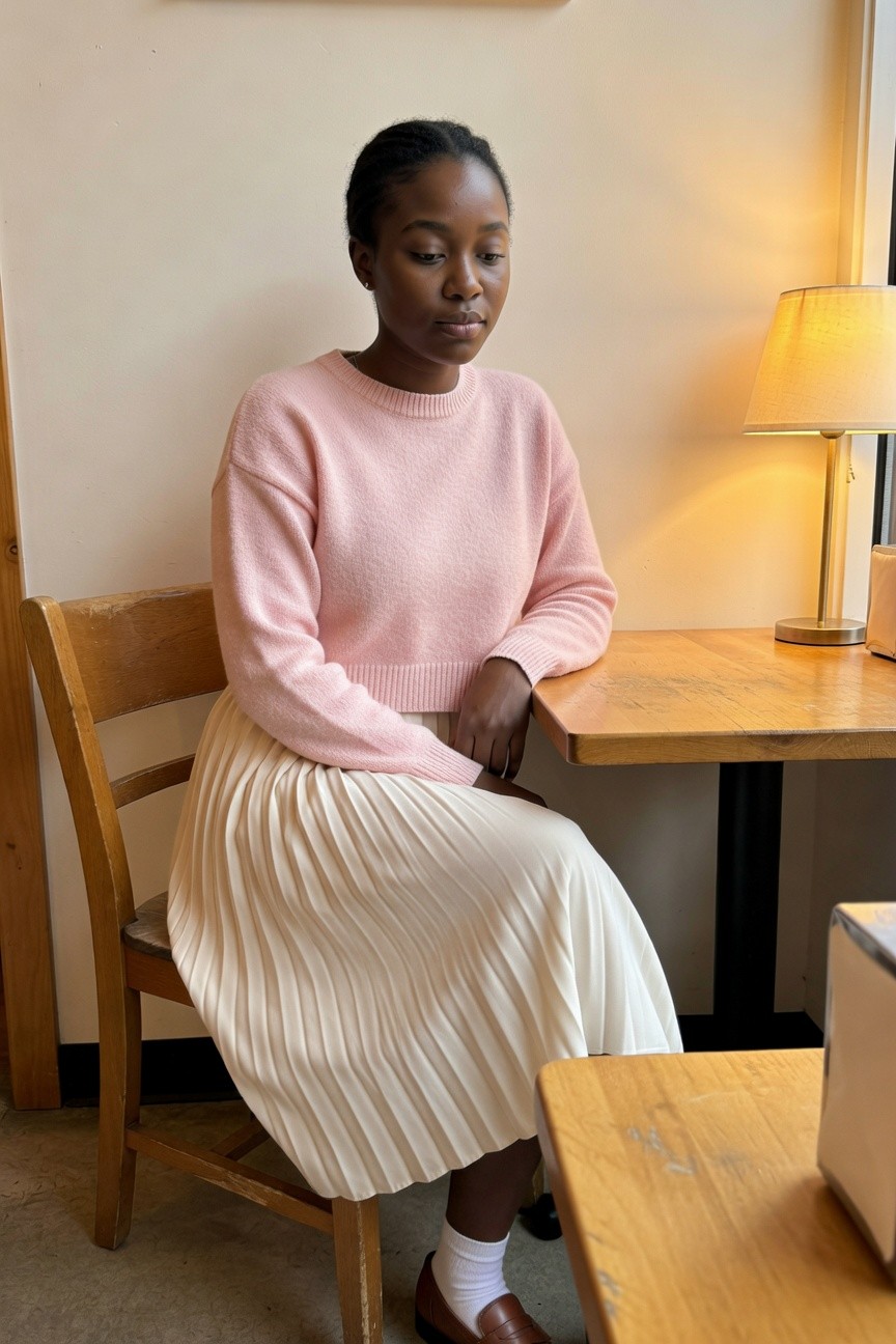 Black woman seated at a wooden table wearing a light pink crewneck sweater tucked into a cream pleated midi skirt with white socks and brown loafers.