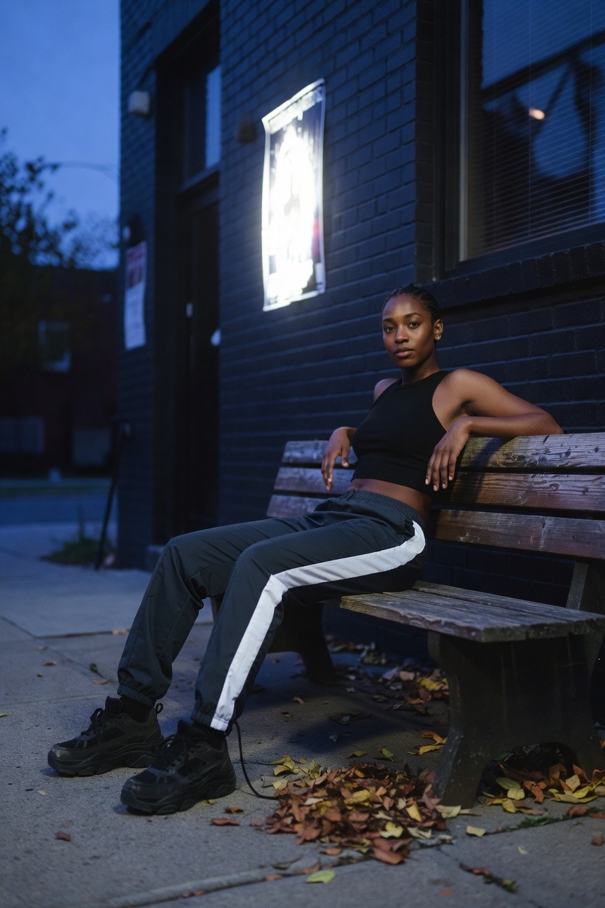 Black Crop Top With Track Pants And Sneakers