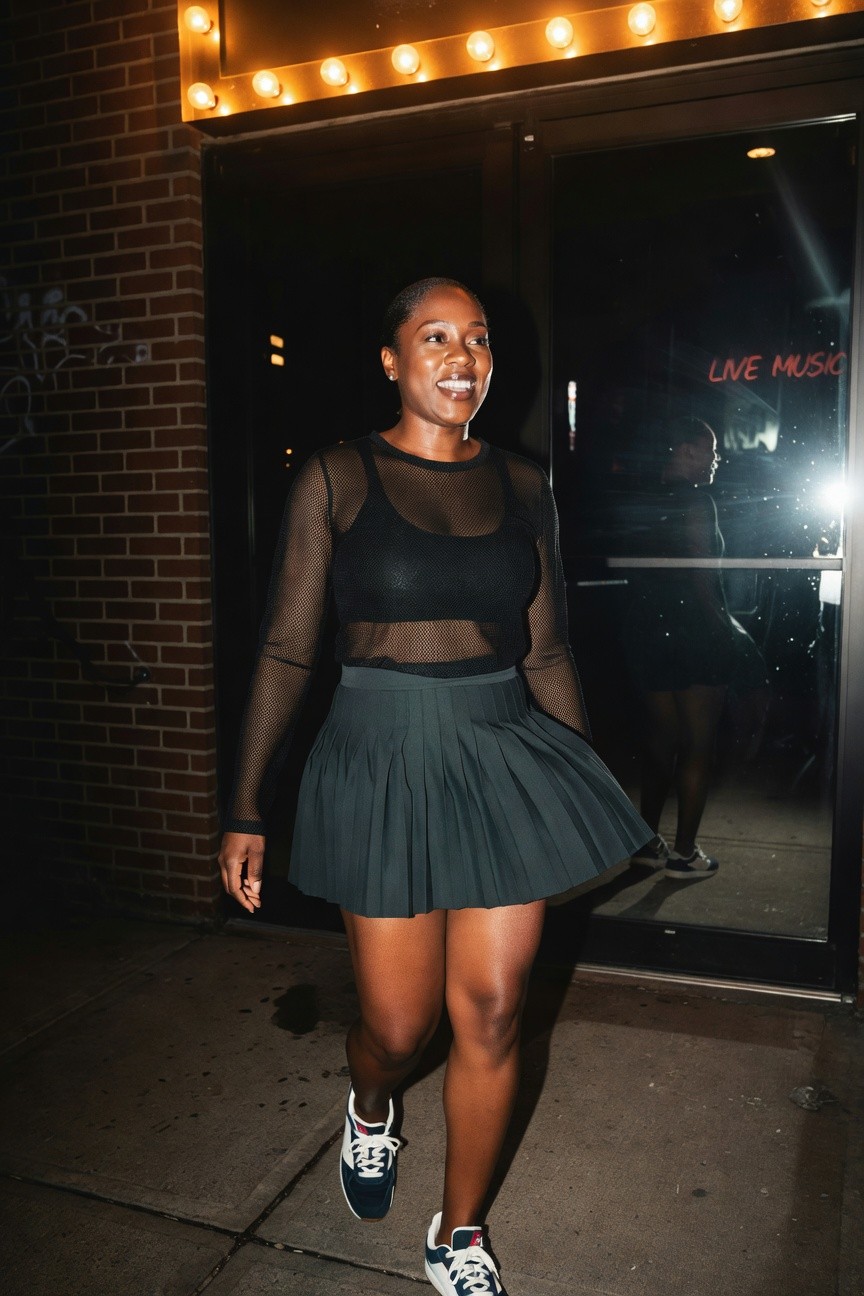 Black Mesh Top With Green Pleated Skirt And Sneakers