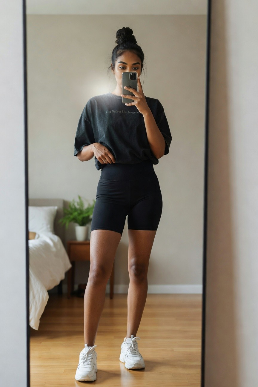 Black Tee With Biker Shorts And Sneakers