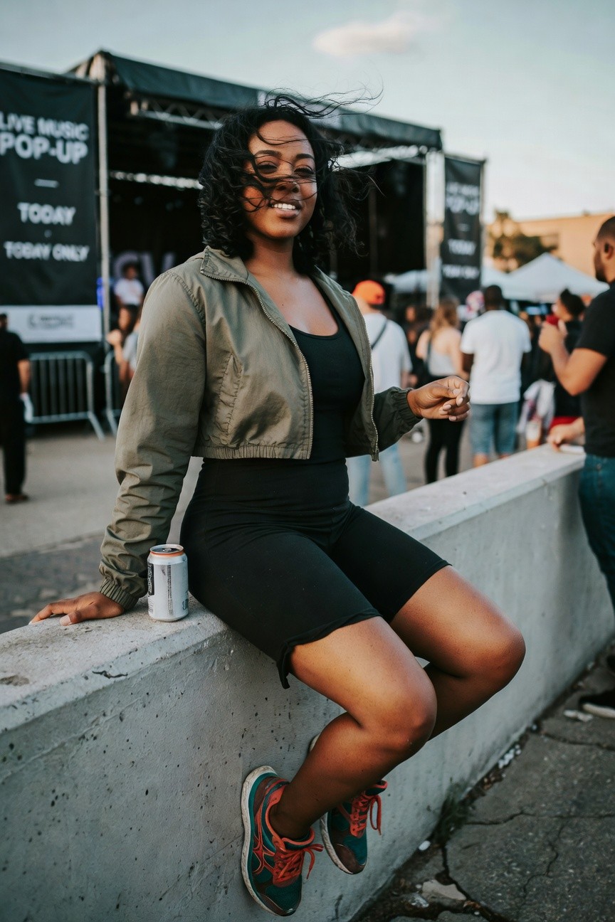 Woman wearing an olive cropped bomber jacket over a black bodysuit and bike shorts, paired with multicolored sneakers while seated on a concrete ledge at an outdoor event.