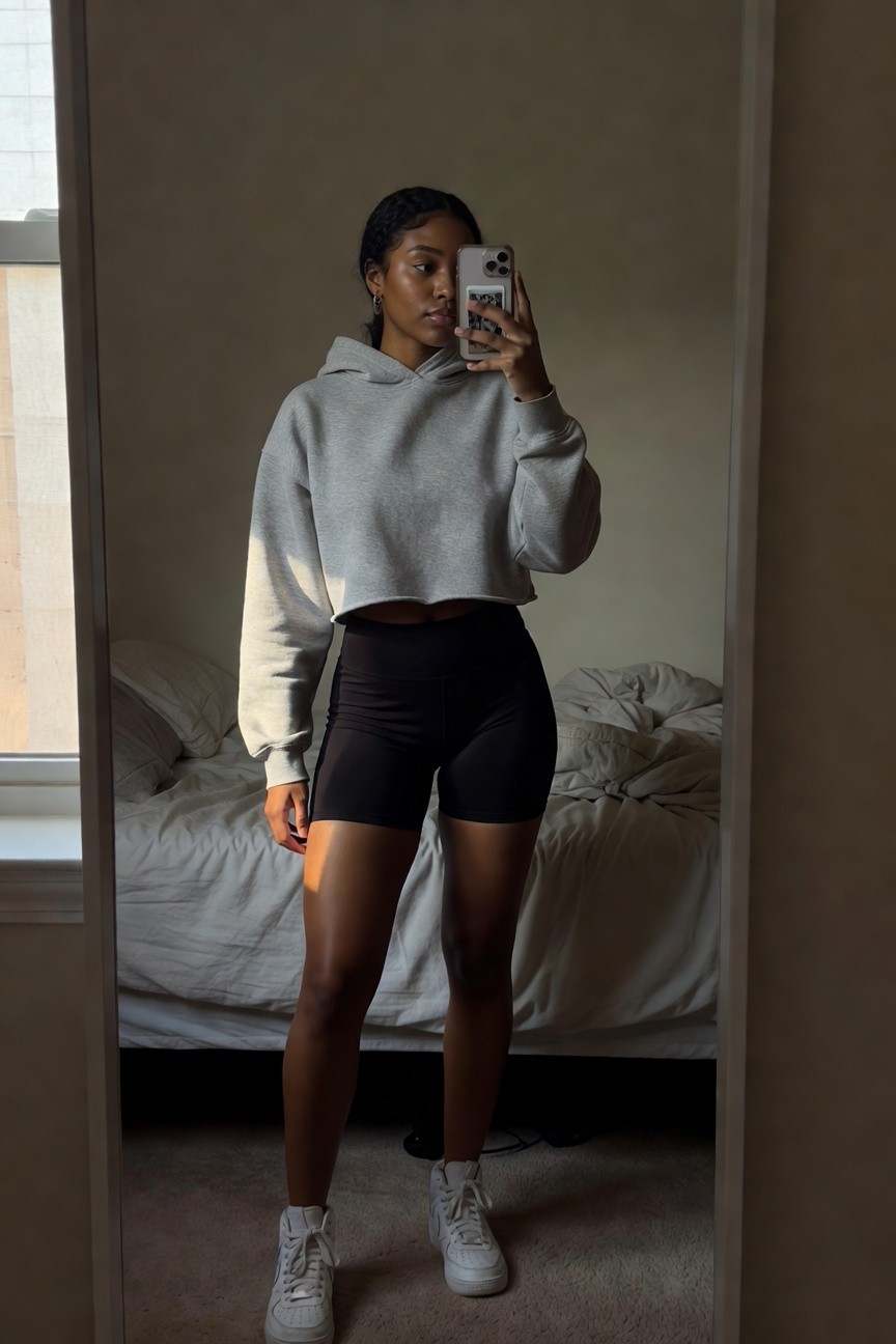 Cropped Hoodie Over Black Shorts With White Sneakers