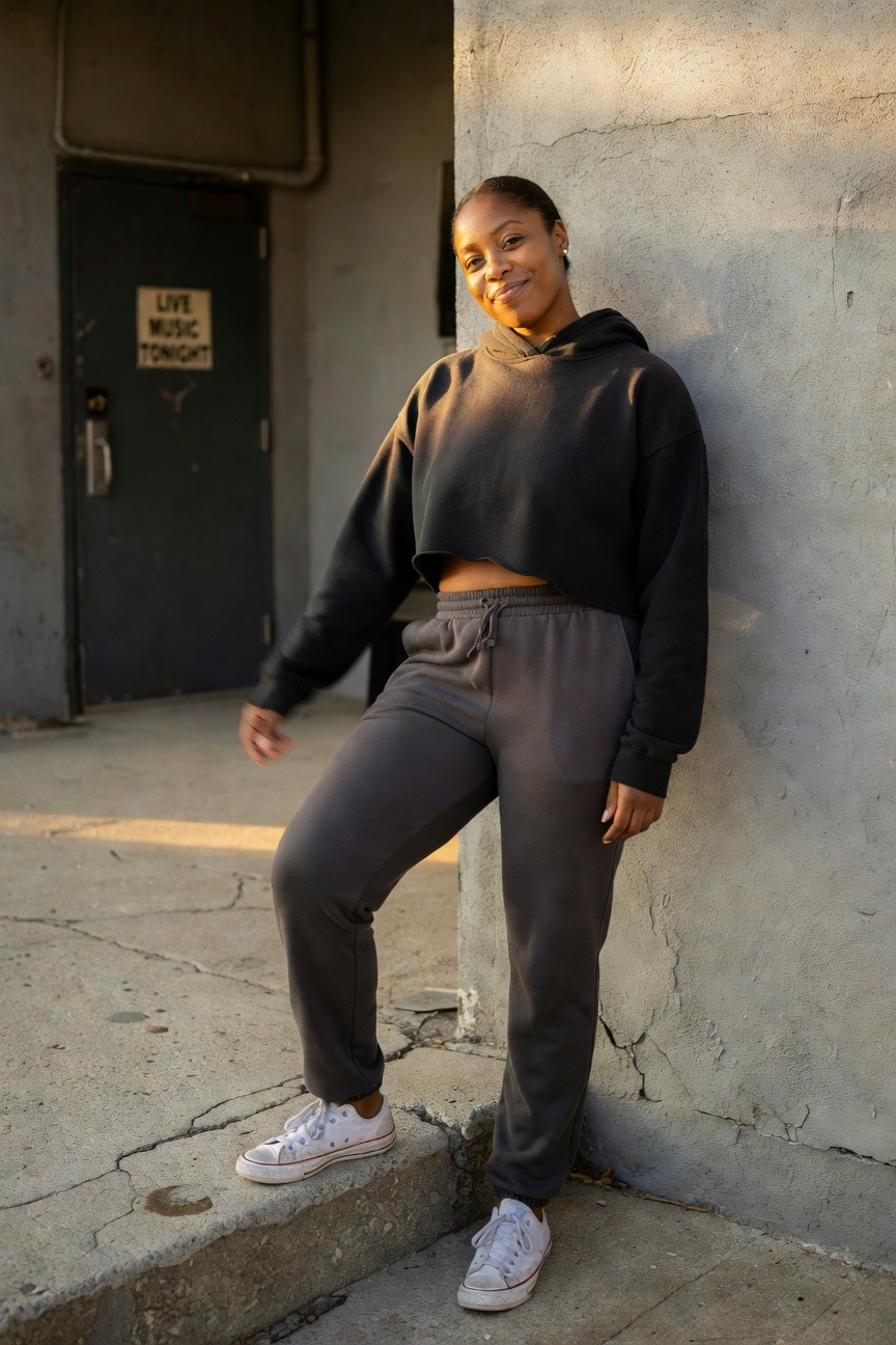 Cropped Hoodie With Grey Sweatpants And White Sneakers