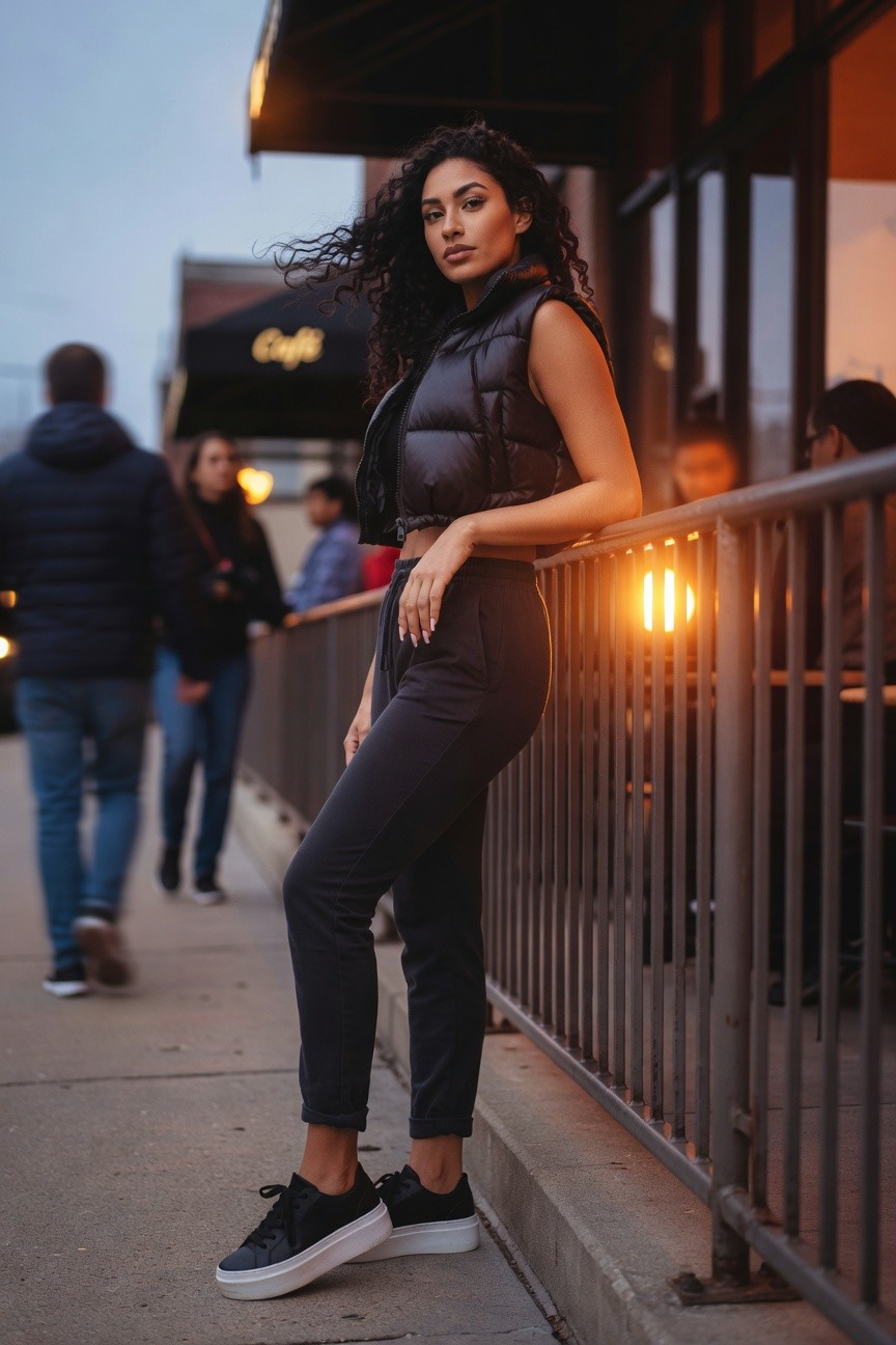 Cropped Puffer Vest With Jogger Pants
