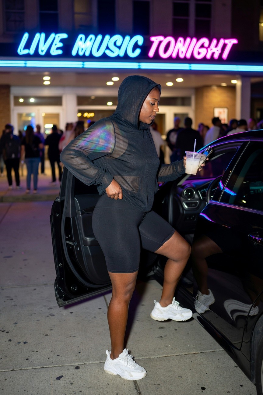 Hooded Top With Sheer Sleeves And Bike Shorts