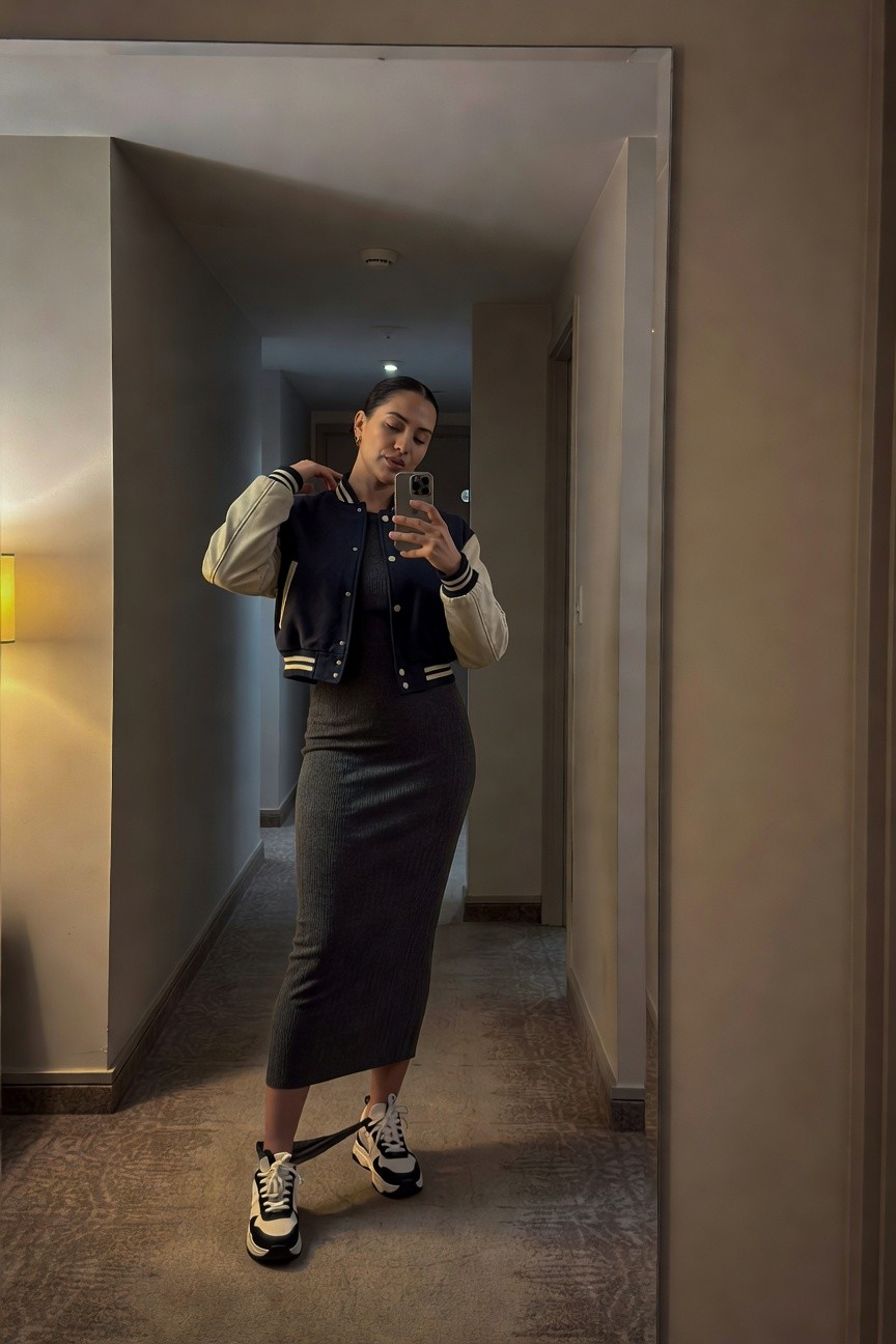 Navy Varsity Jacket Over Ribbed Midi Dress