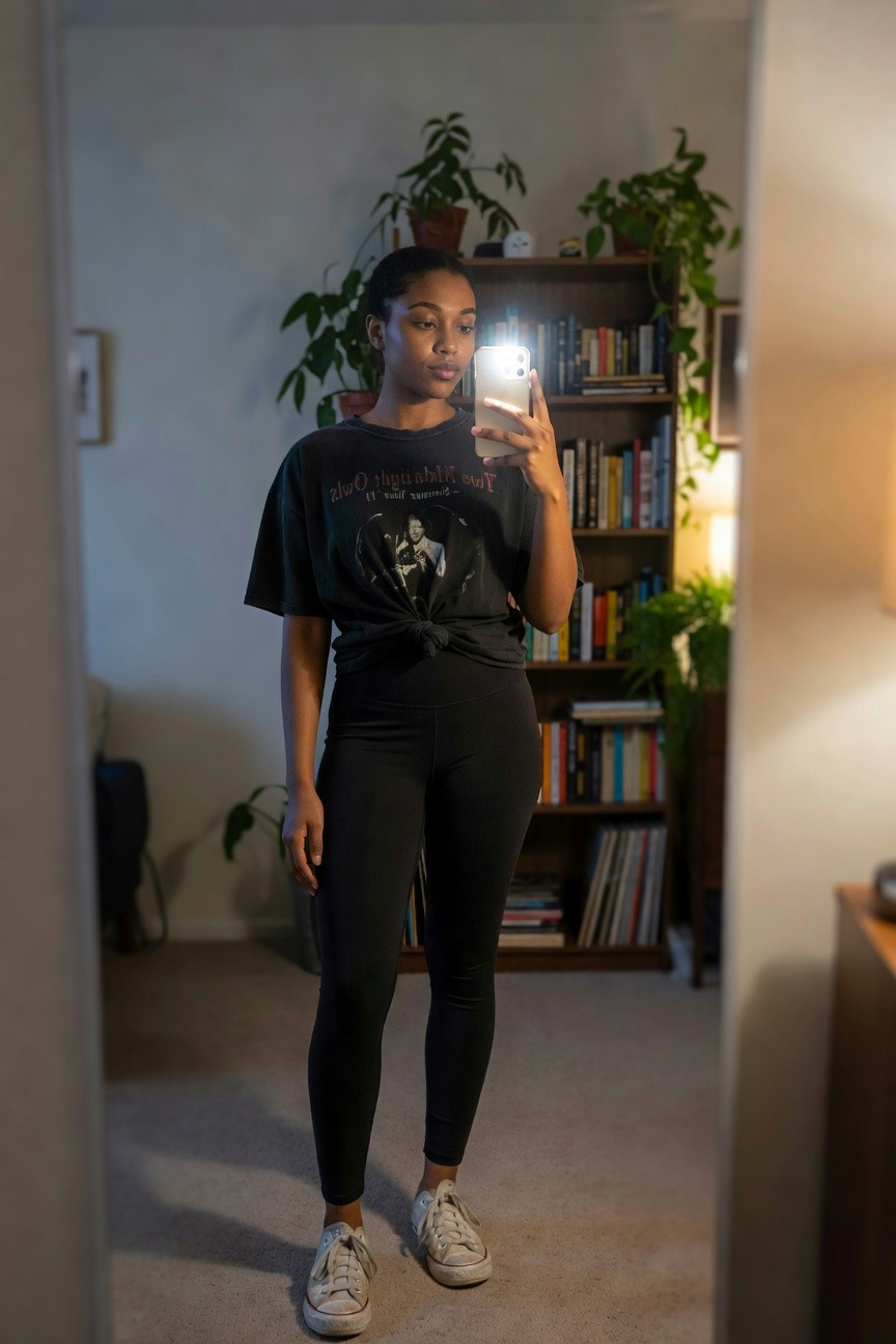 Tied Graphic Tee Over Black Leggings With Sneakers