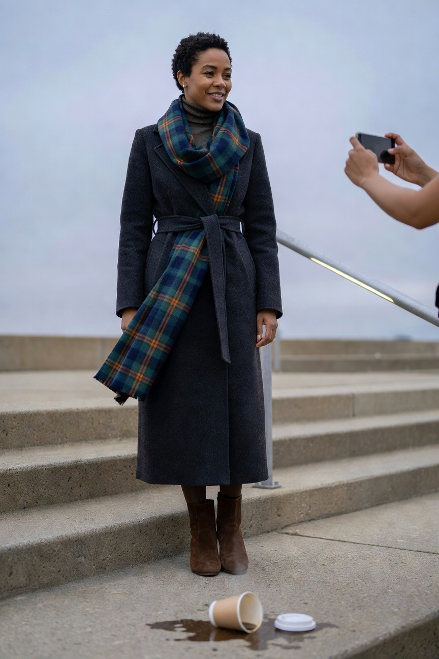 Belted Wool Coat With Plaid Scarf