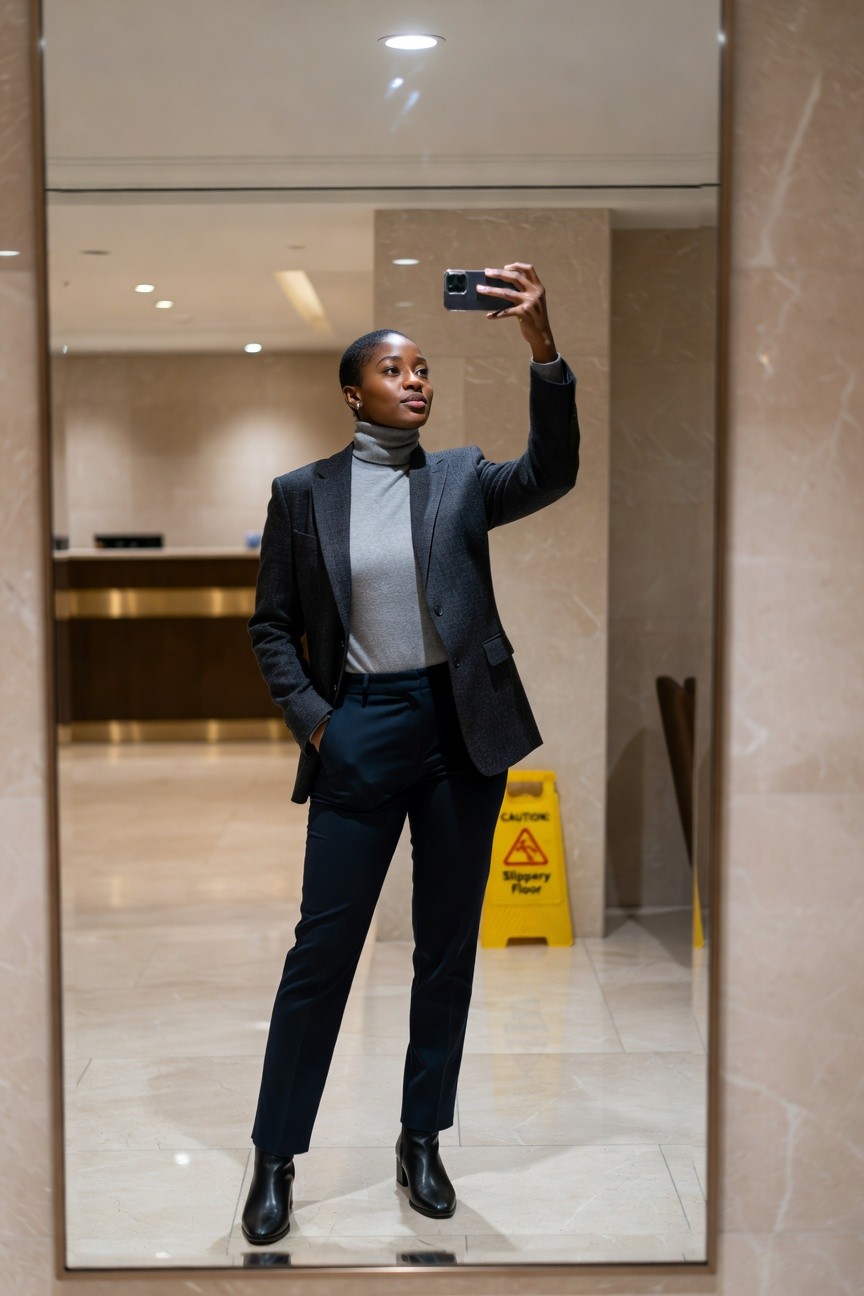Blazer Over Turtleneck With Pants