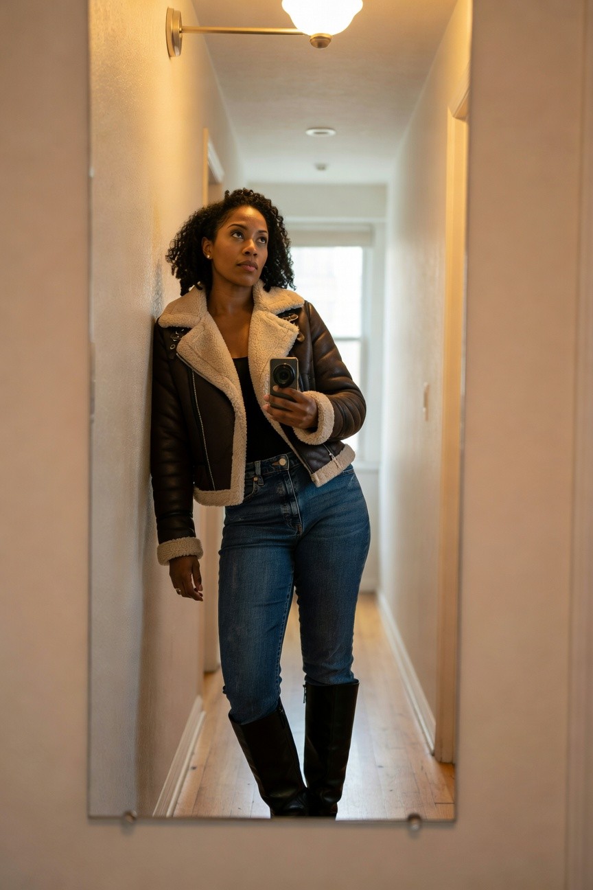 Brown Leather Jacket With Jeans And Boots