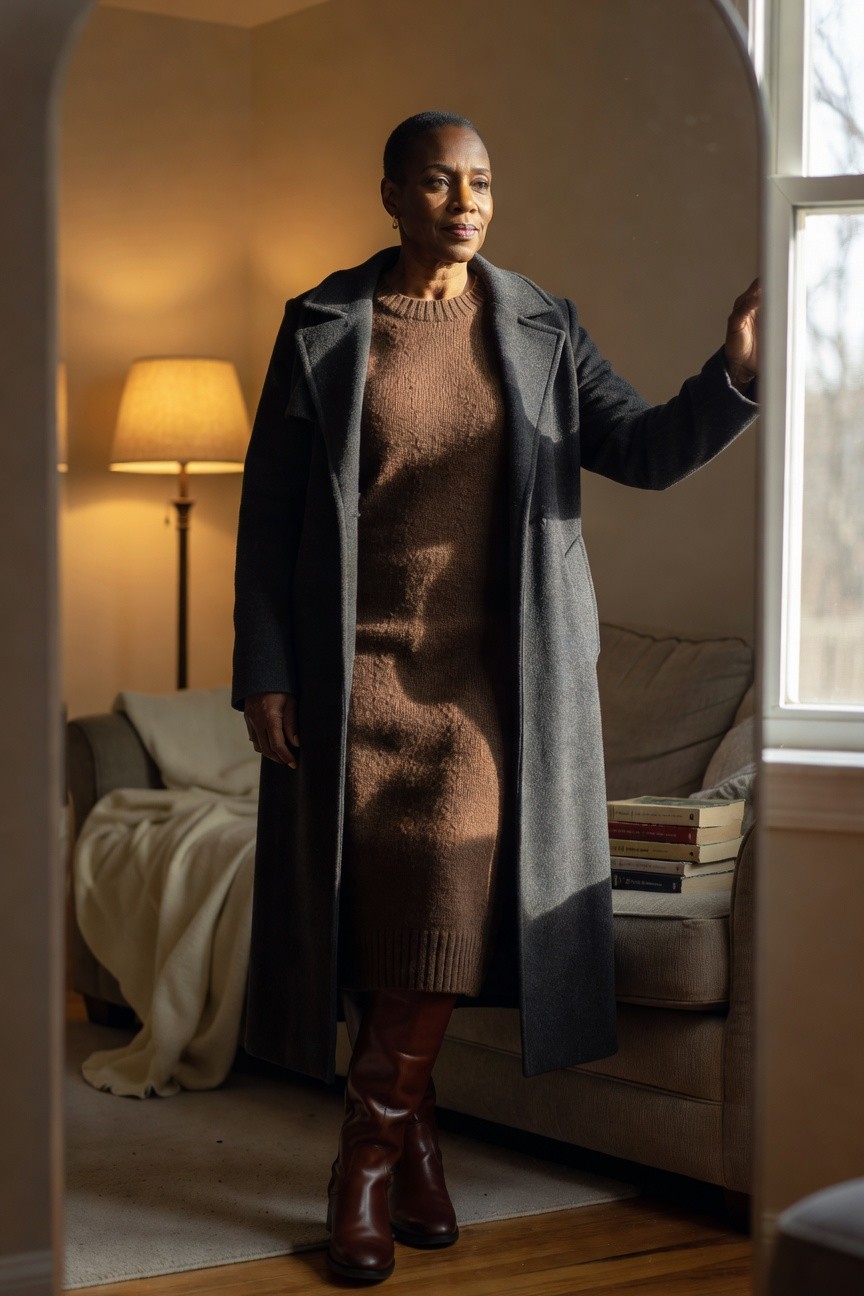 Brown Sweater Dress With Gray Coat And Boots