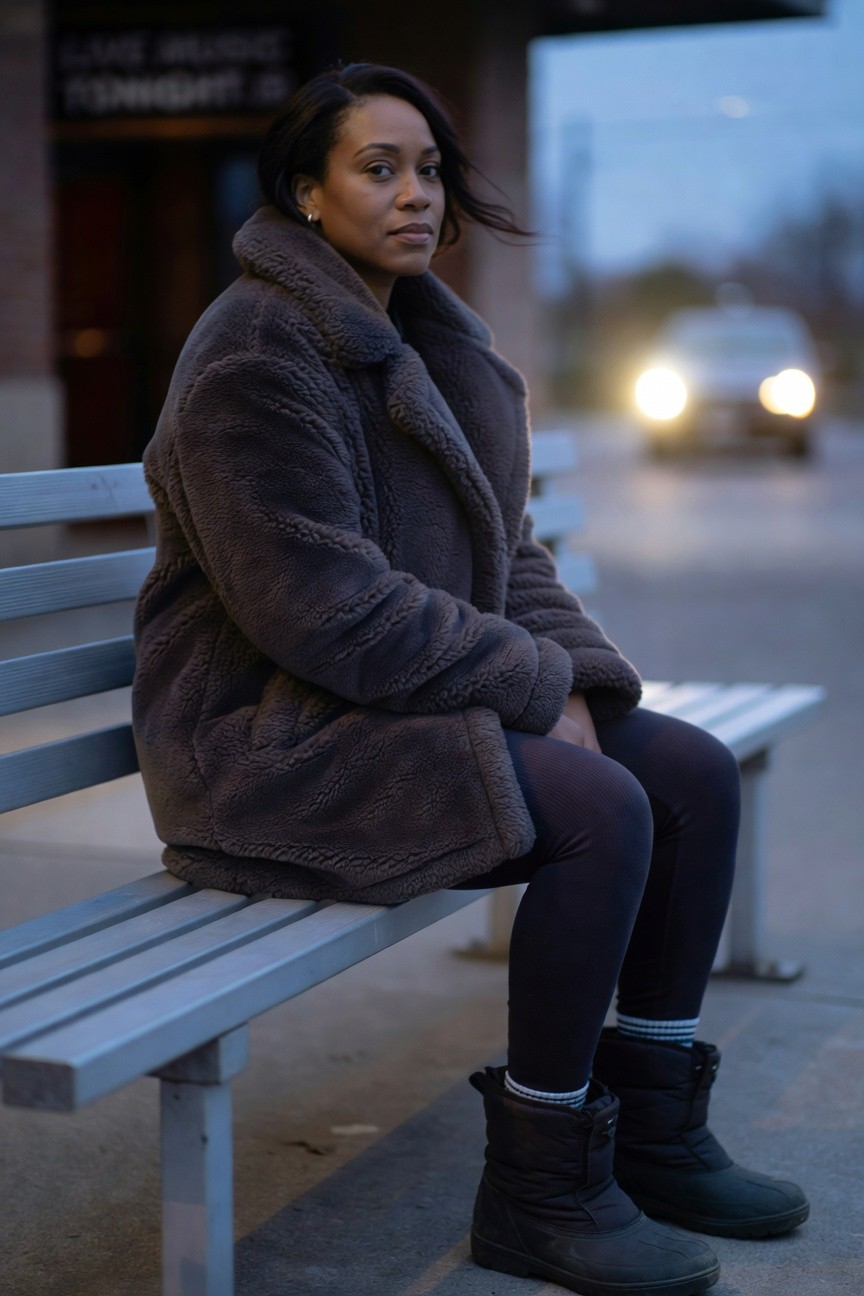 Brown Teddy Coat Over Leggings And Boots