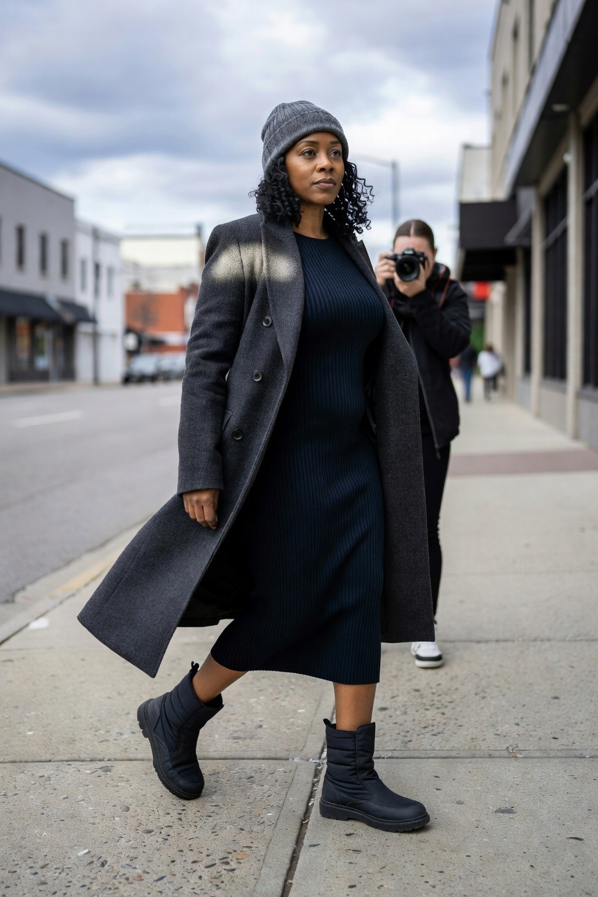 Gray Coat Over Ribbed Dress With Black Boots
