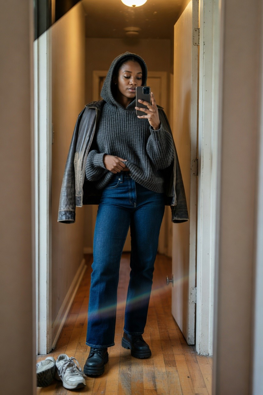 Hooded Knit Sweater Layered With Leather Jacket