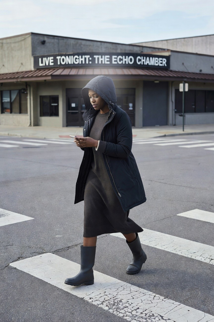 Hooded Parka Over Knit Midi Dress