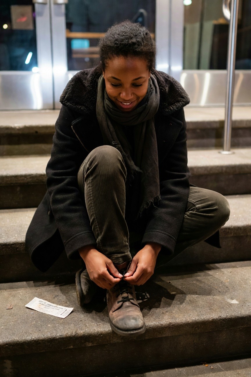 Layering A Black Coat Over Olive Corduroy Pants