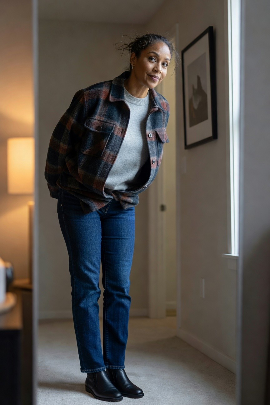 Plaid Jacket Over Sweater And Jeans