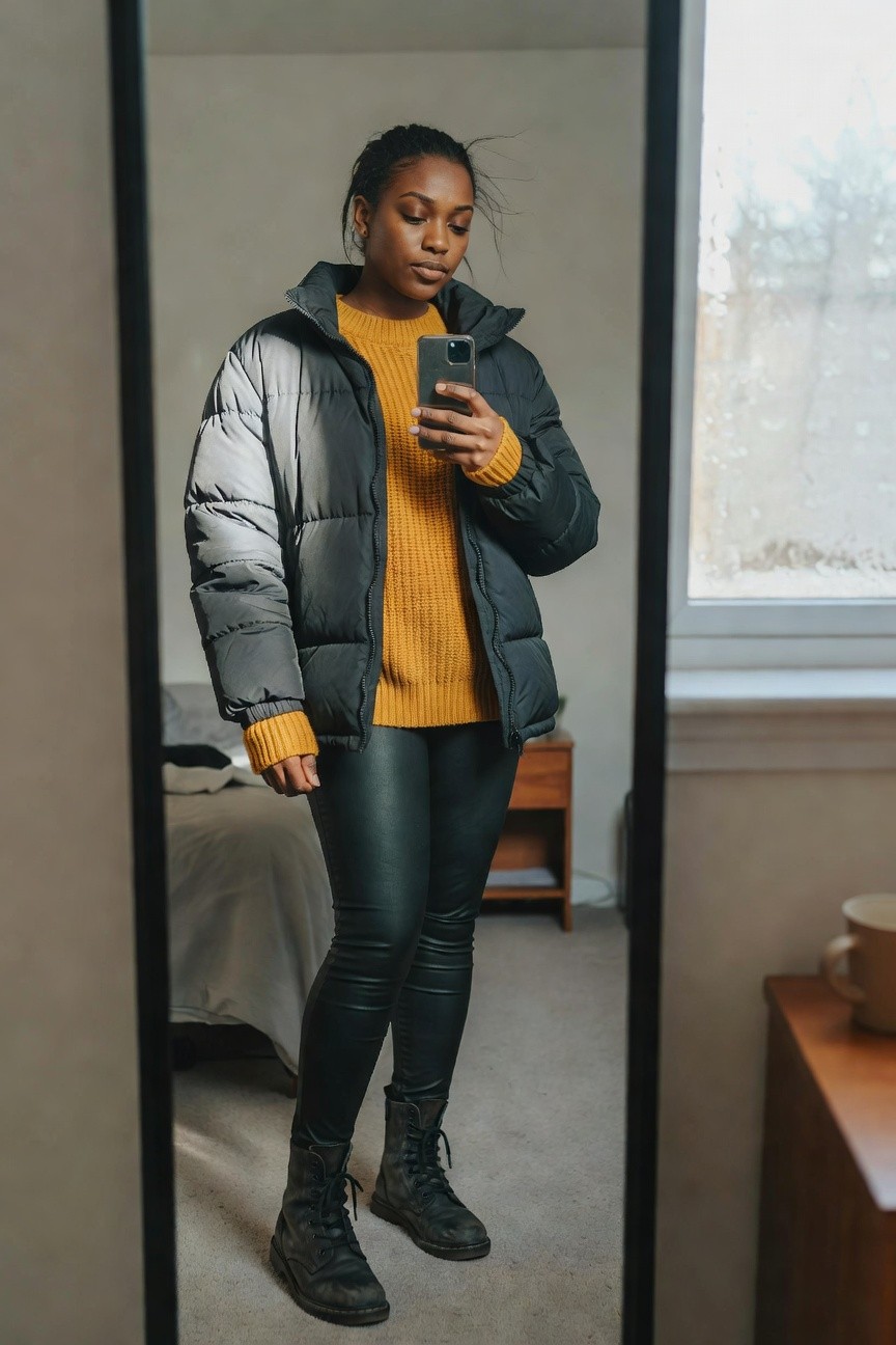 Puffer Jacket Over Sweater And Leather Leggings