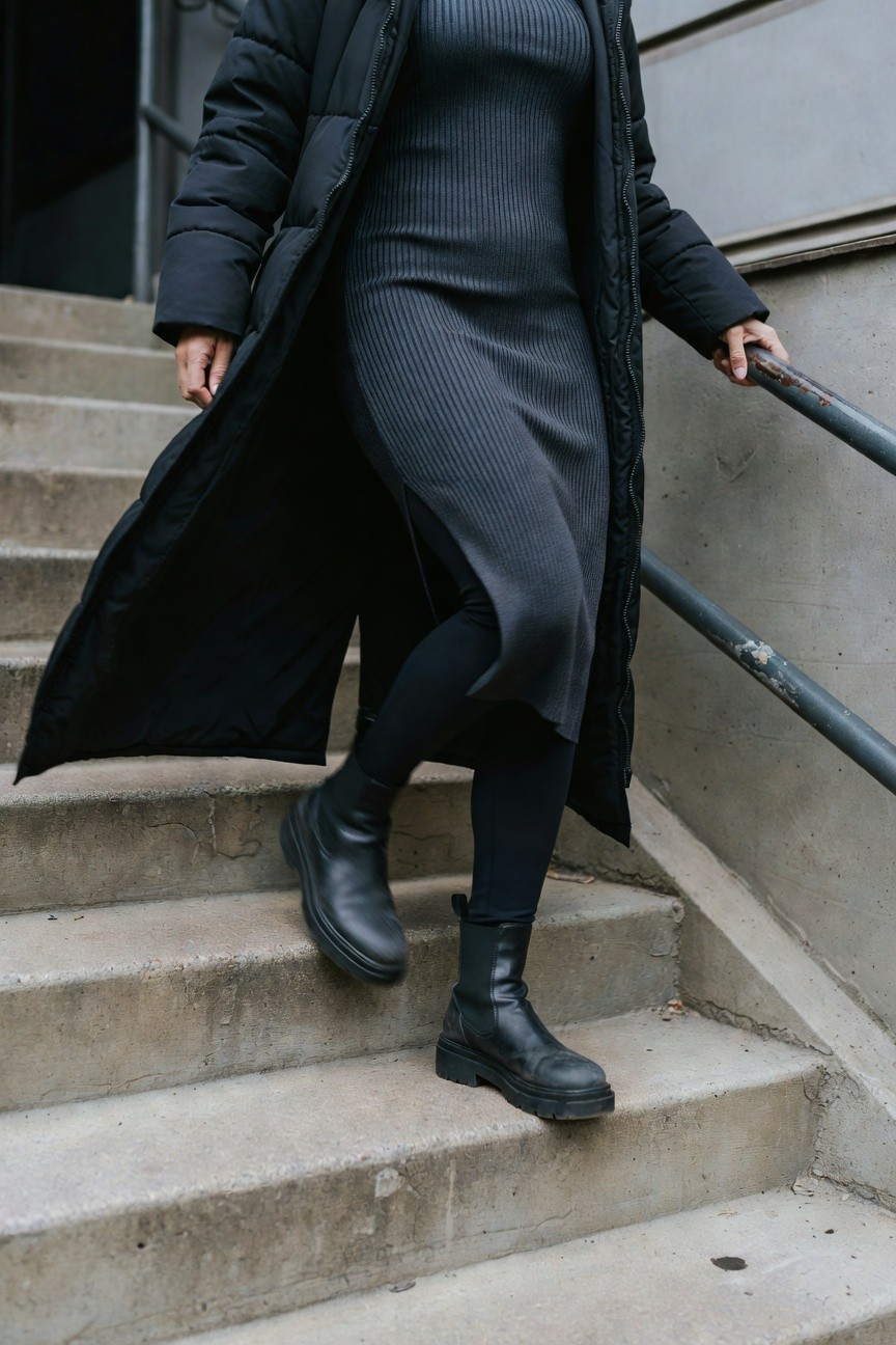 Ribbed Dress Layered Under A Long Puffer Coat