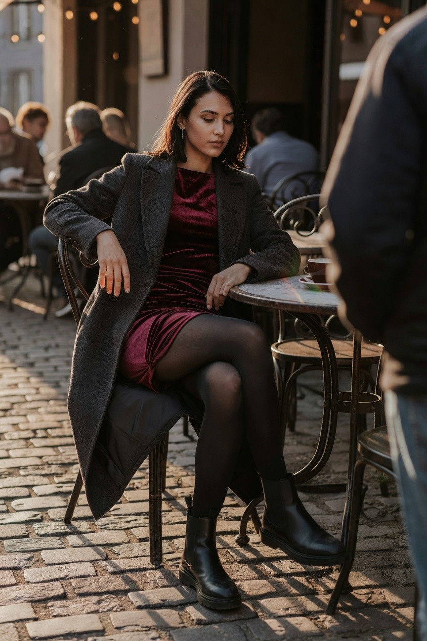Wool Coat Over A Velvet Dress