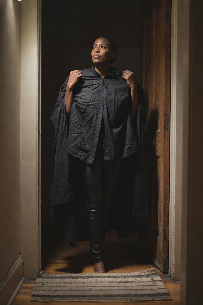 Black Hooded Cape Over Leather Leggings