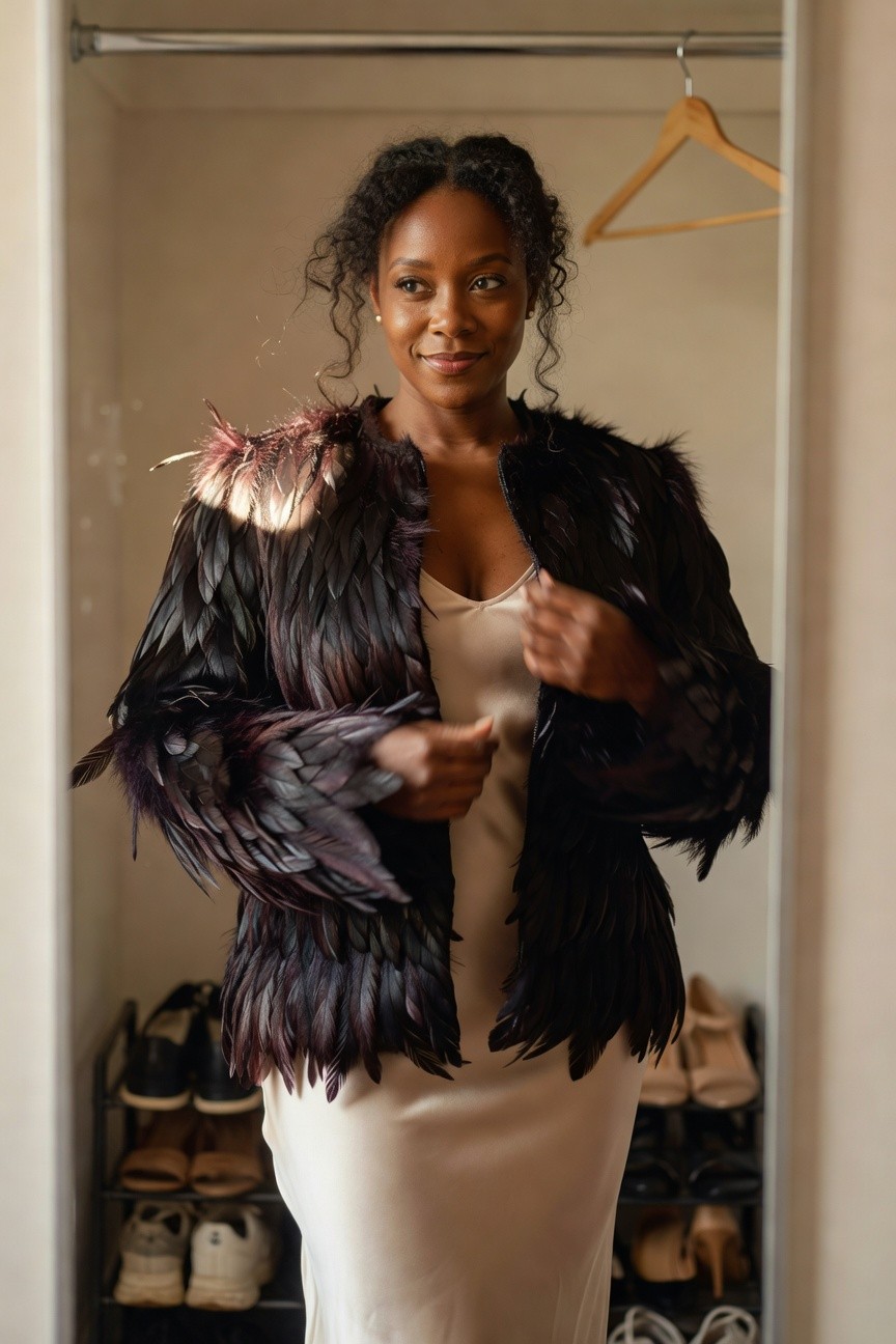 Feather Jacket Over A Slip Dress