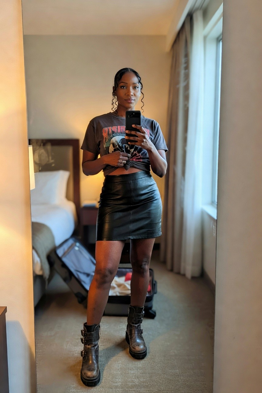 Knotted Tee Over A Leather Mini Skirt