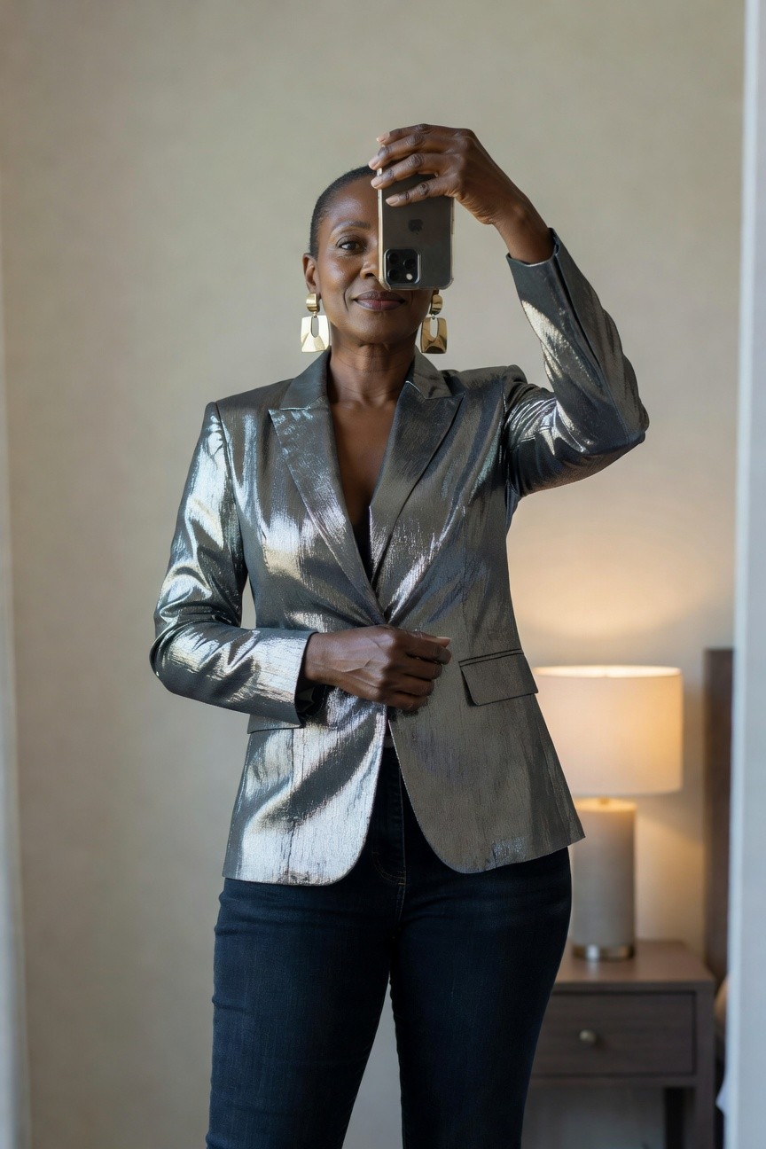 A Black woman wearing a shiny silver metallic blazer open over dark jeans with gold statement earrings while holding a phone up for a selfie.
