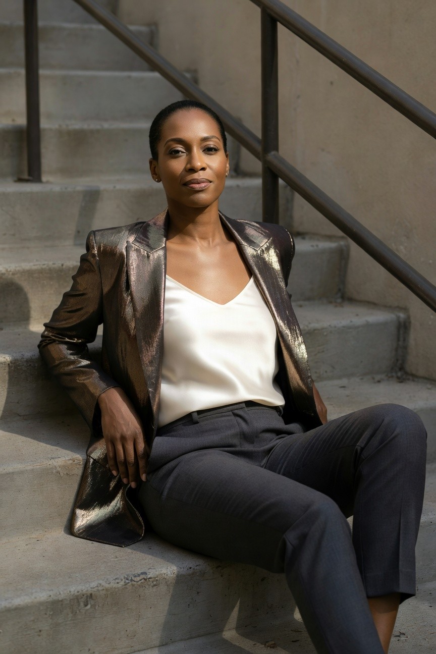 Woman seated on concrete steps wearing a shiny metallic bronze blazer open over a white satin camisole paired with dark gray tailored trousers.