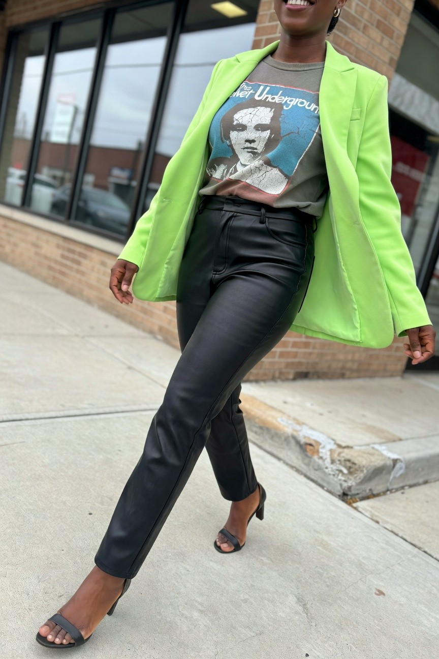 Neon Blazer With Graphic Tee And Leather Pants