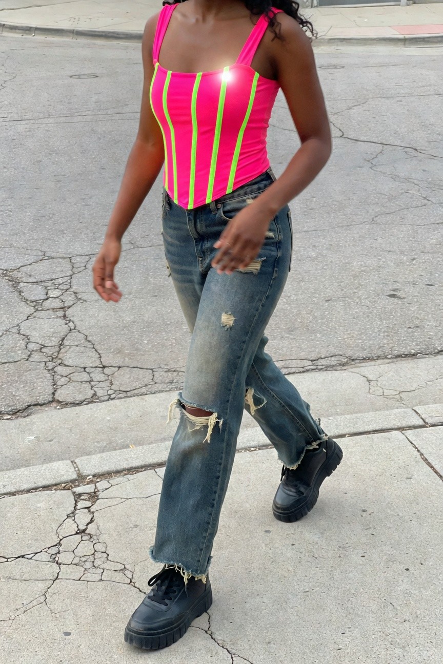 Neon Striped Bodysuit With Ripped Jeans