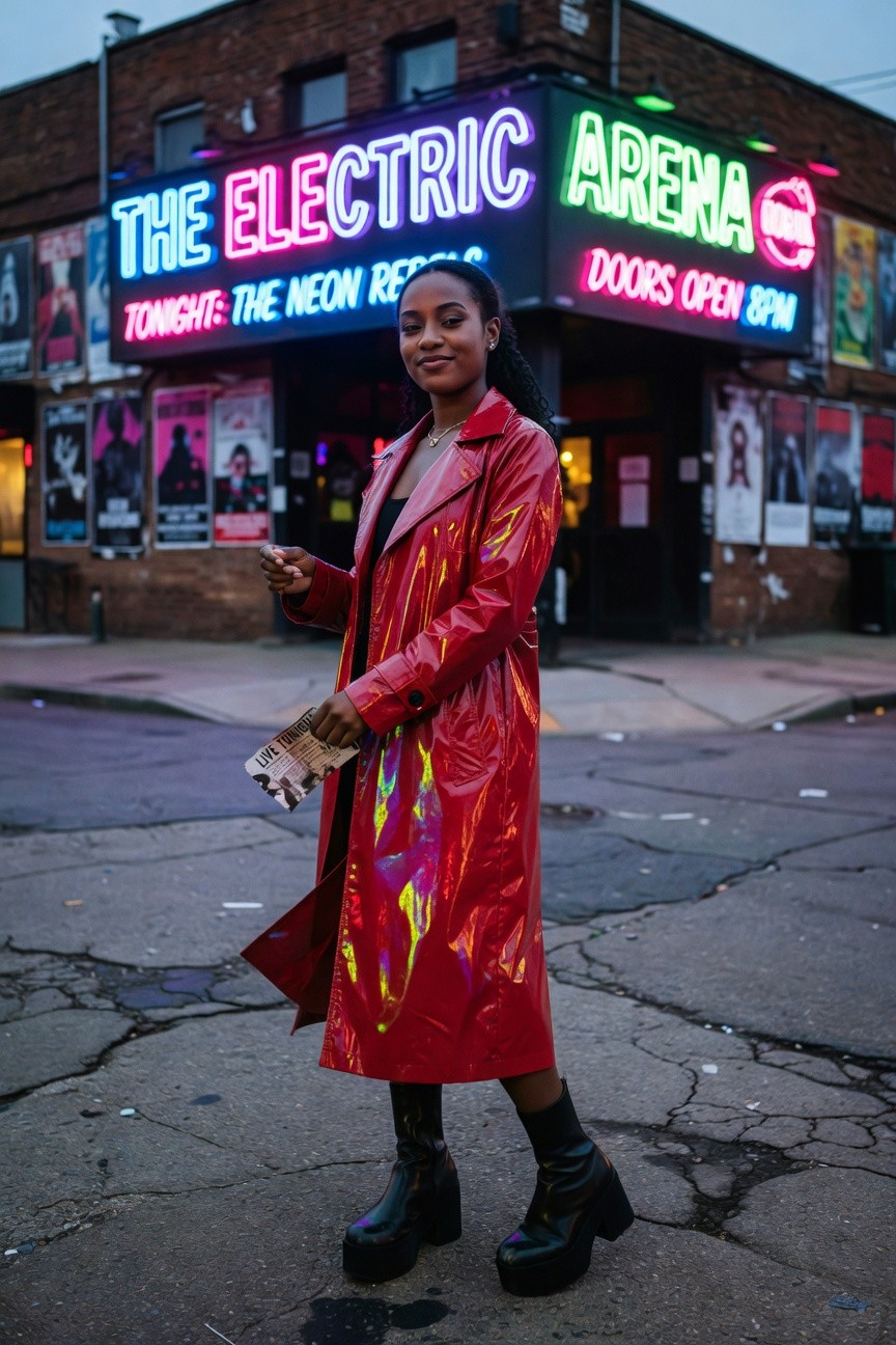 Red Trench Coat With Black Platform Boots