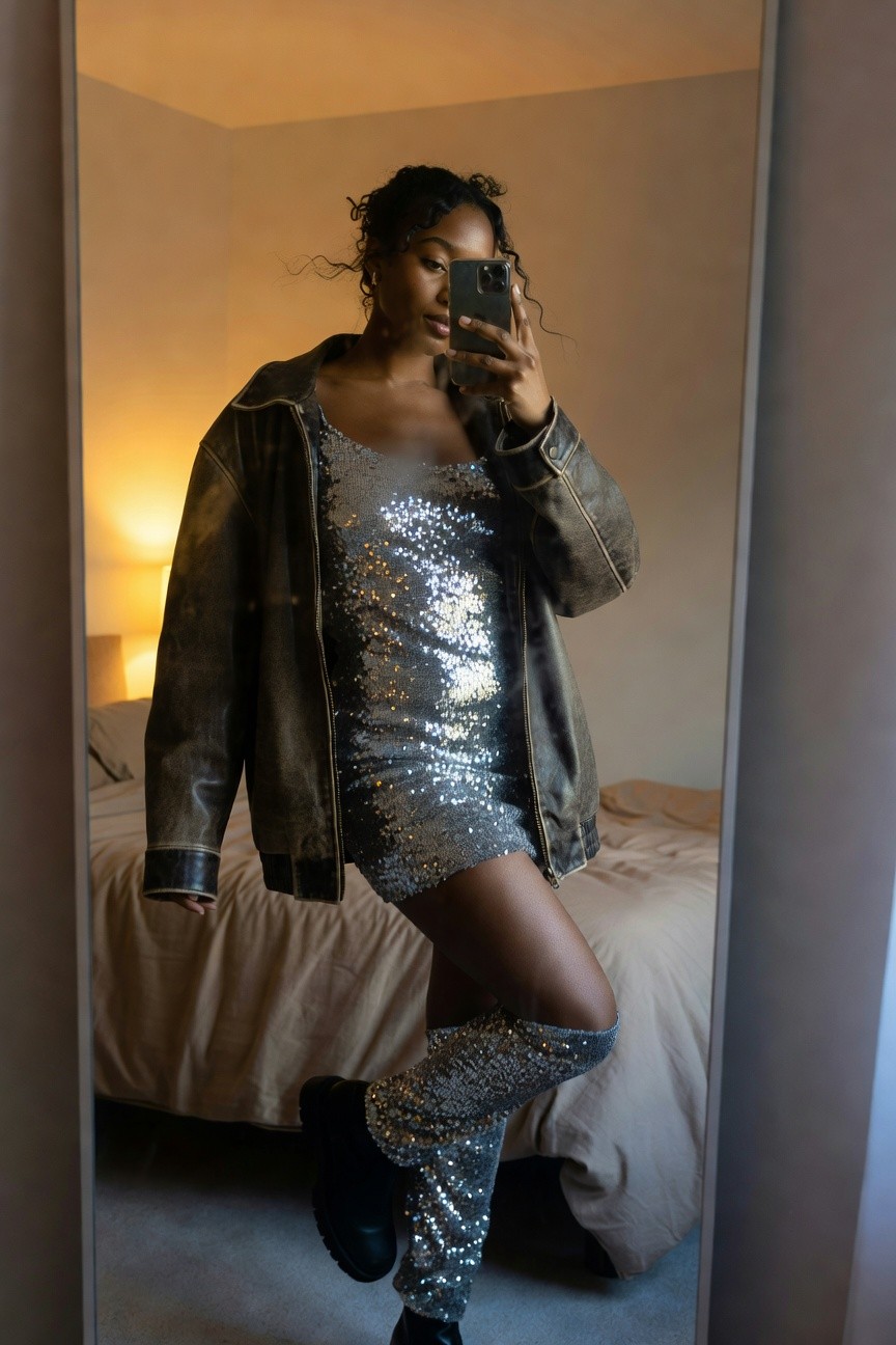 Silver Sequin Mini Dress With A Leather Jacket
