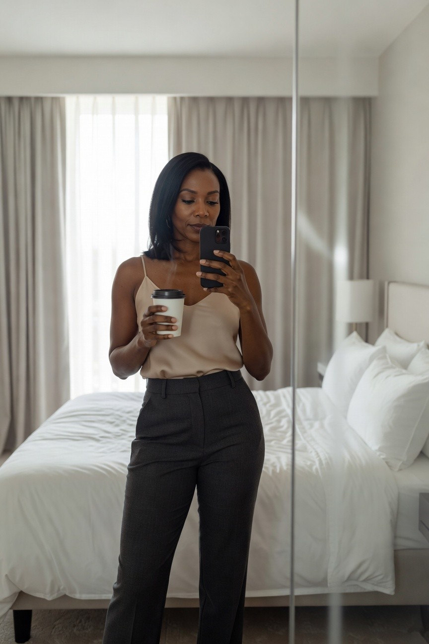 Black woman in a beige camisole and dark gray tailored trousers holding a coffee cup and phone while standing in a bright bedroom.