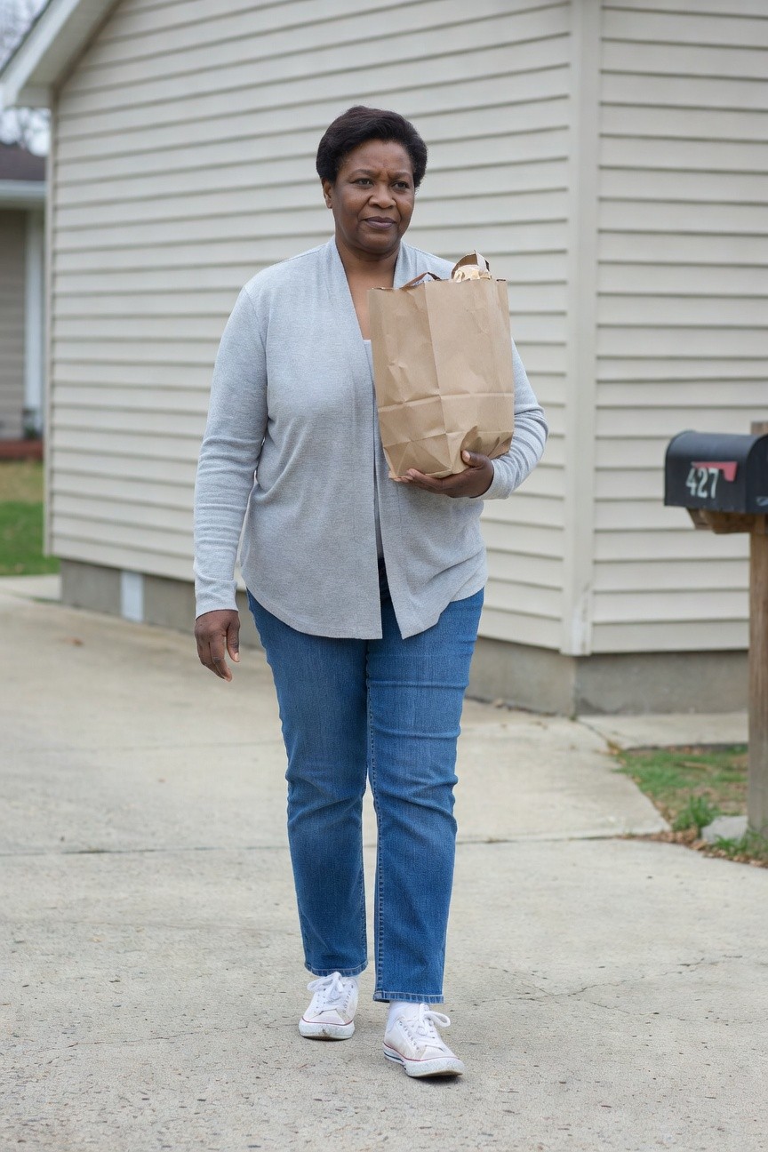 Woman in light gray open cardigan over blue jeans and white sneakers carrying a brown paper bag while standing on a sidewalk.