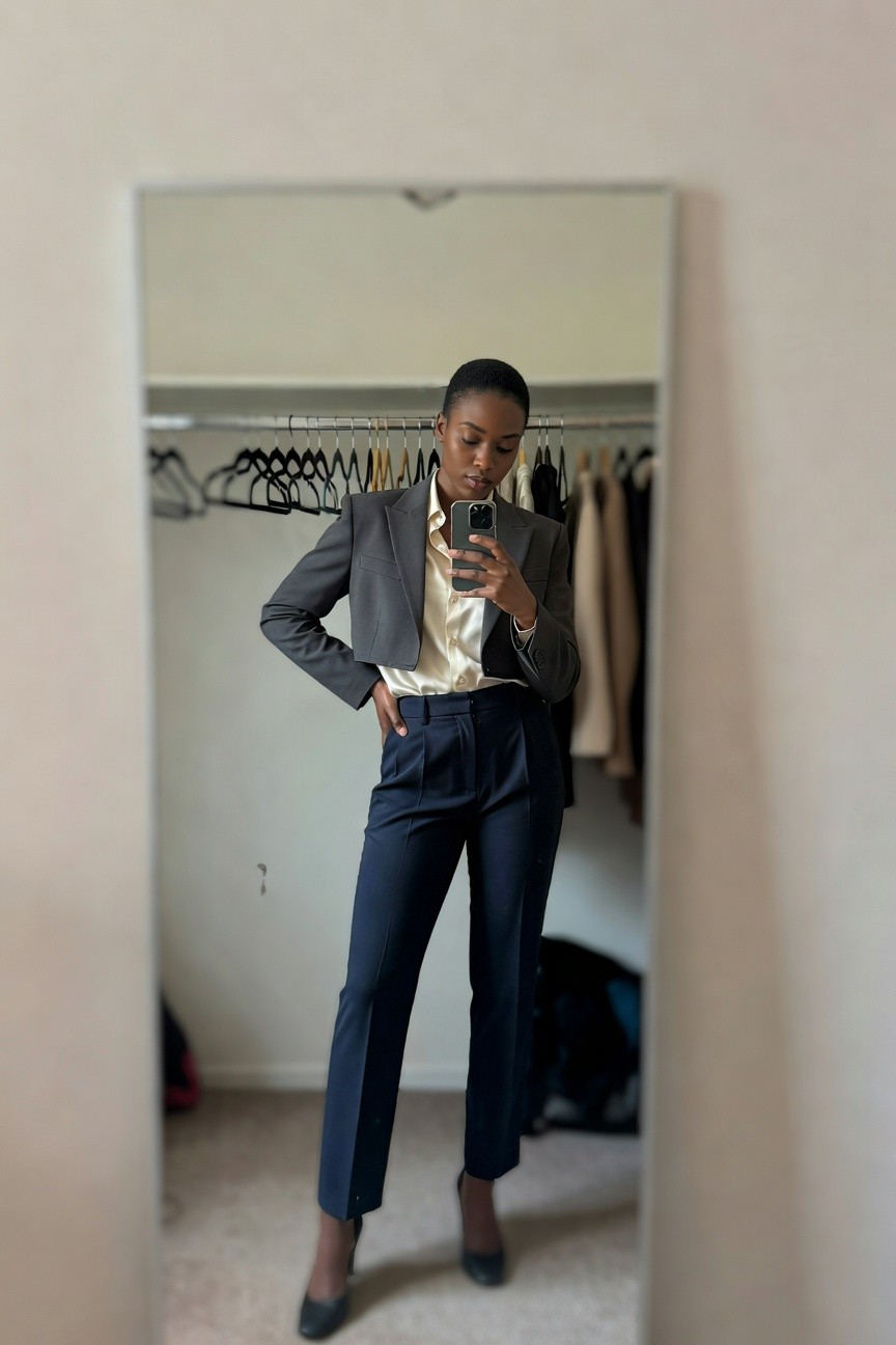 Black woman in mirror selfie wearing cropped grey blazer over cream satin blouse tucked into navy pleated trousers with black heels