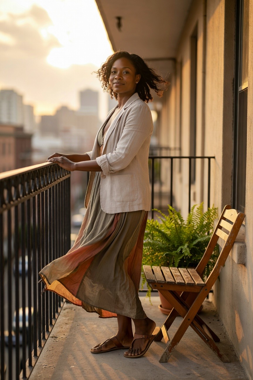 Linen Blazer Over A Flowy Skirt