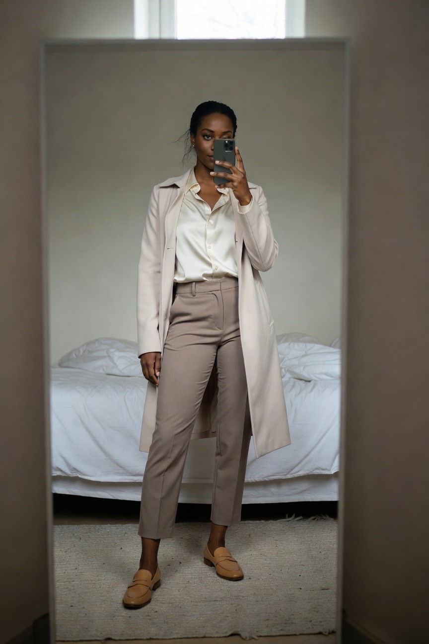 Long Beige Coat With Neutral Pants