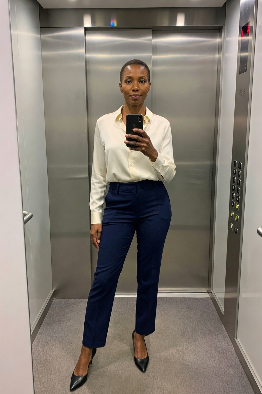 Black woman in cream button up shirt tucked into navy trousers with black pointed toe heels holding a smartphone in an indoor setting.